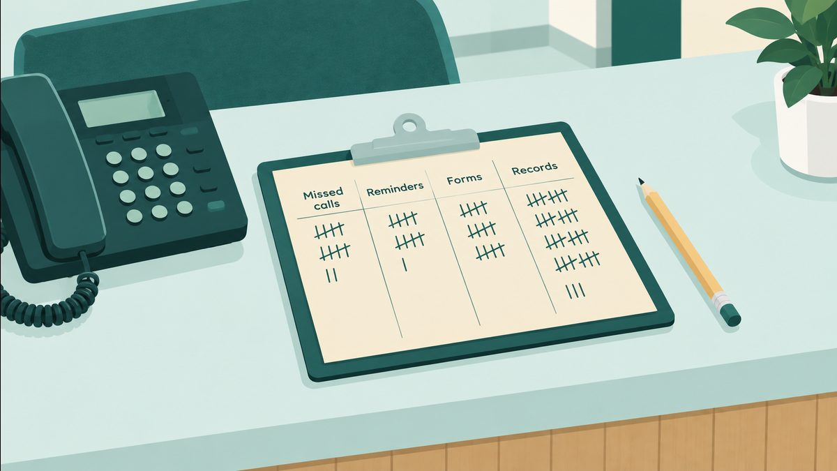 A tally sheet on a clipboard next to the front-desk phone, with four columns: missed calls, reminders, forms and records. The records column has the most marks.