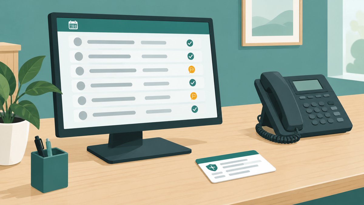 A front desk screen listing tomorrow's appointments with a coverage tick beside most and an amber flag beside two that need a call to the insurer