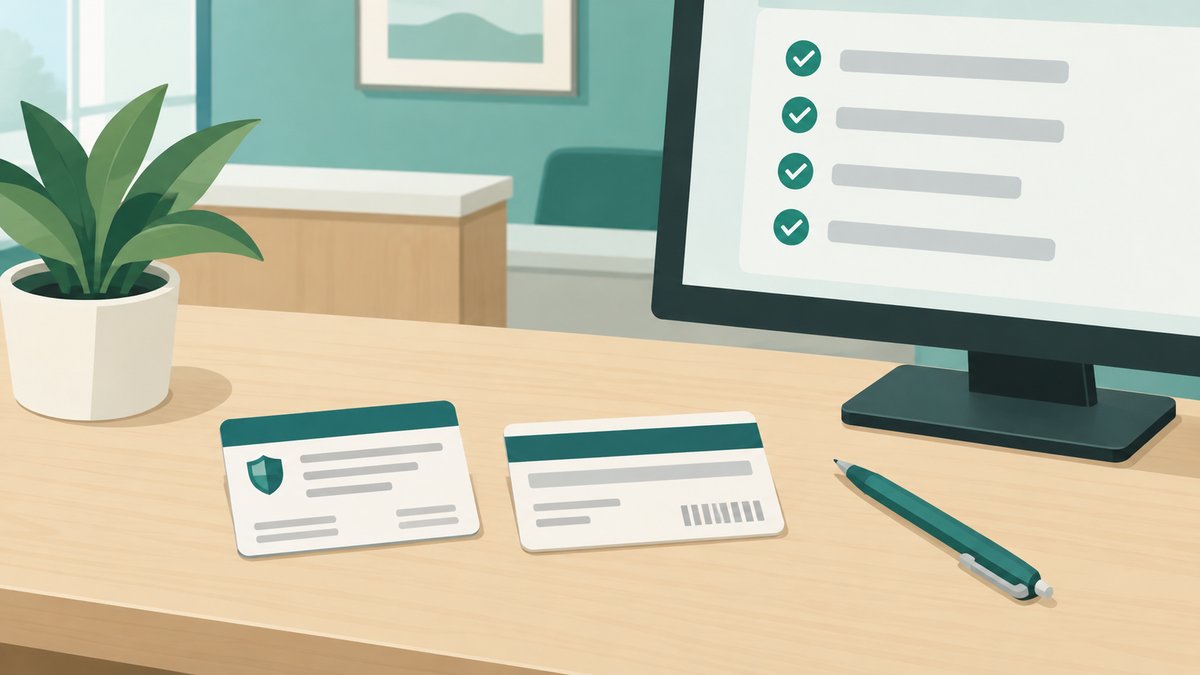 A front desk with the front and back of an insurance card beside a monitor showing a short coverage checklist with ticks