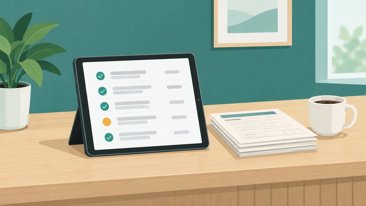 A front desk tablet showing tomorrow's new patients with a tick beside each completed intake and one still waiting for forms