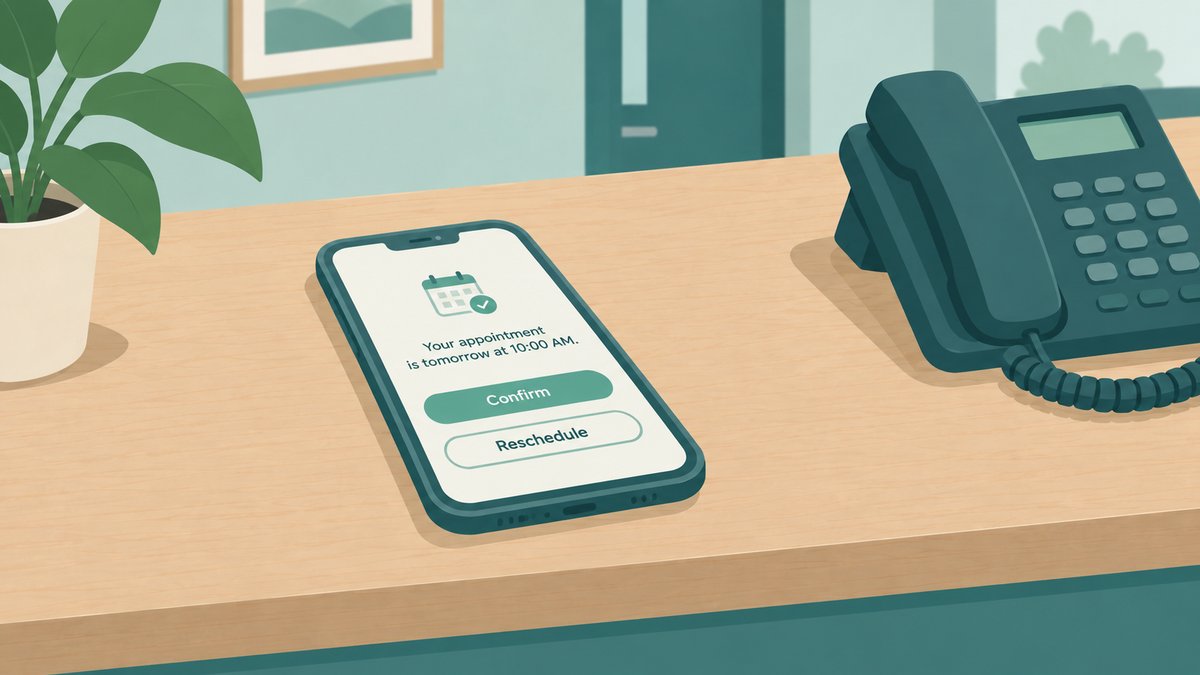 A phone on a front-desk counter showing an appointment reminder with replies to confirm or reschedule