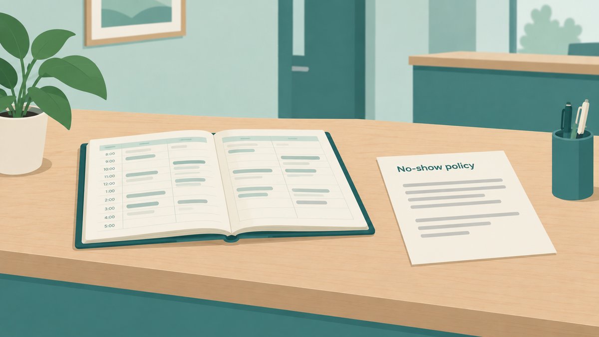 A calm small-practice front desk with an appointment book and a printed one-page no-show policy beside it