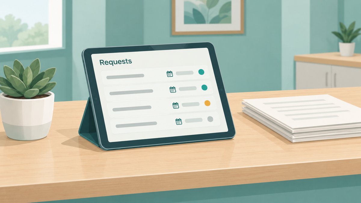 A tablet at a front desk showing a short list of outgoing records requests, each with a due date before the patient's appointment and a status