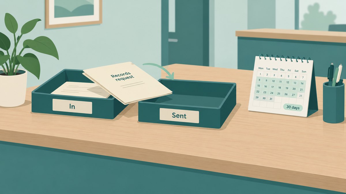A front desk with a records-request folder moving from an in-tray to a sent tray, next to a desk calendar with a 30-day window marked