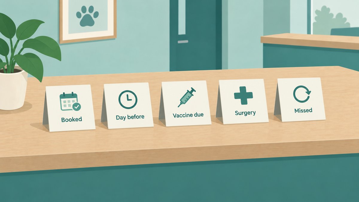Five small cards in a row on a clinic counter, one for each reminder: booked, day before, vaccine due, surgery and missed
