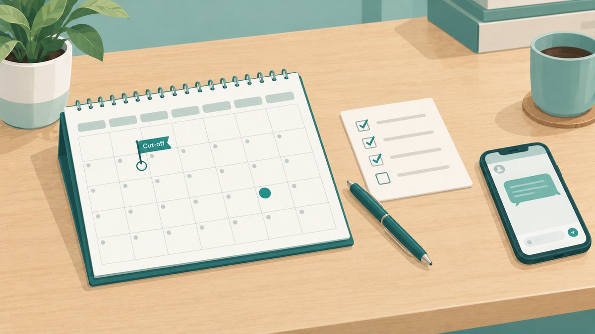 A month view with a client document cut-off marked a week before a filing date, beside a short checklist and a phone