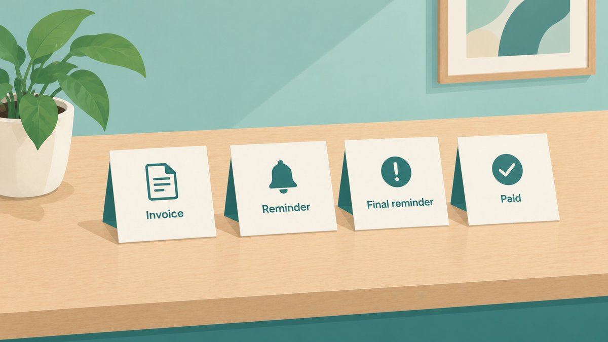 Four small cards on a desk in a row, labelled Invoice, Reminder, Final reminder and Paid, with a tick on the last one