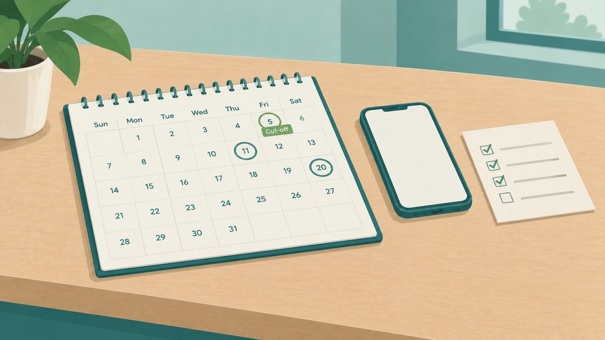 A desk calendar for one month with a cut-off date marked a few days before the GST due dates, beside a phone and a short checklist