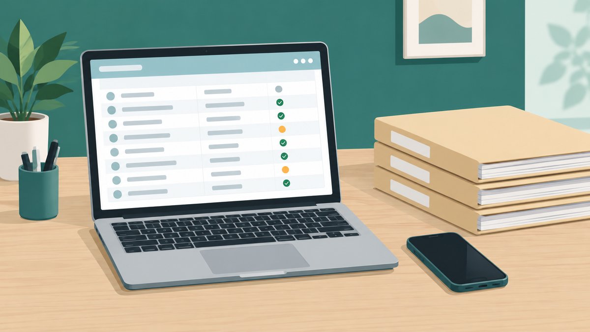 A laptop showing a simple table of clients with ticks for documents received and a few items still pending, next to a phone