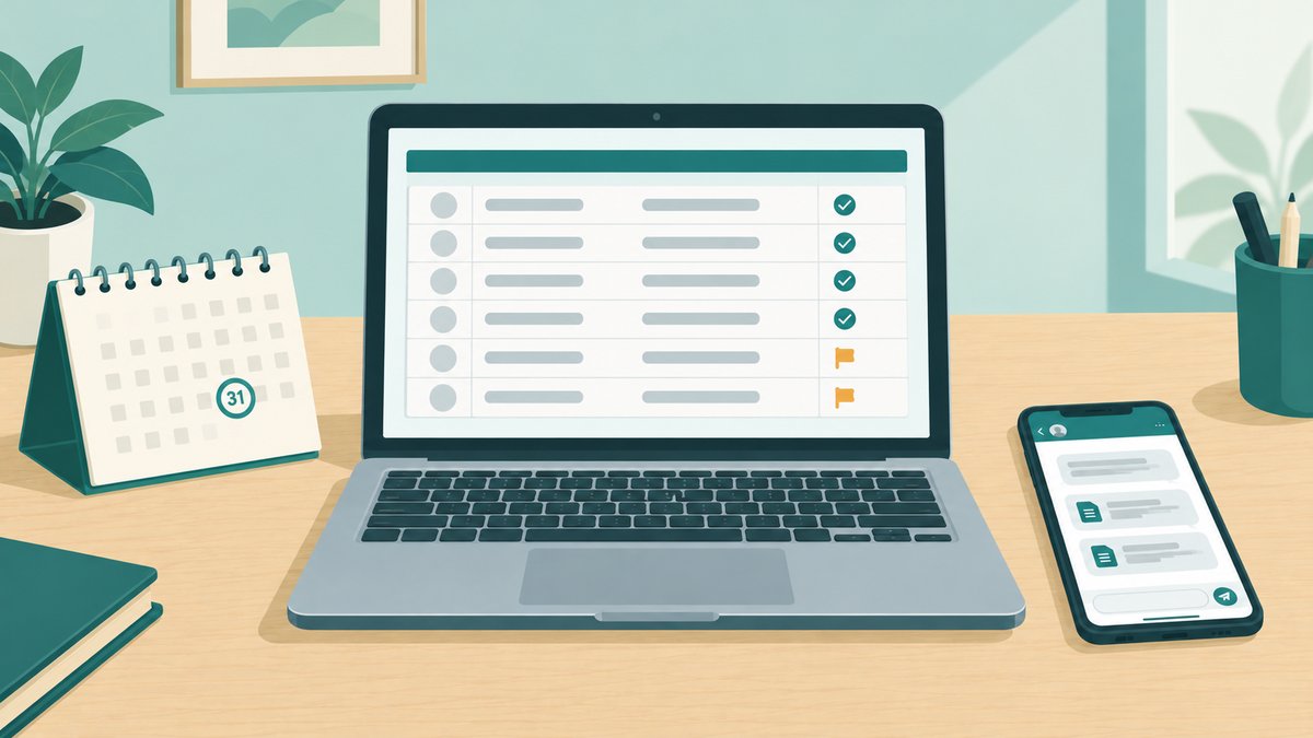 A laptop showing a table of clients as rows with ticks for details received and a few still pending, beside a phone and a desk calendar with the 31st marked